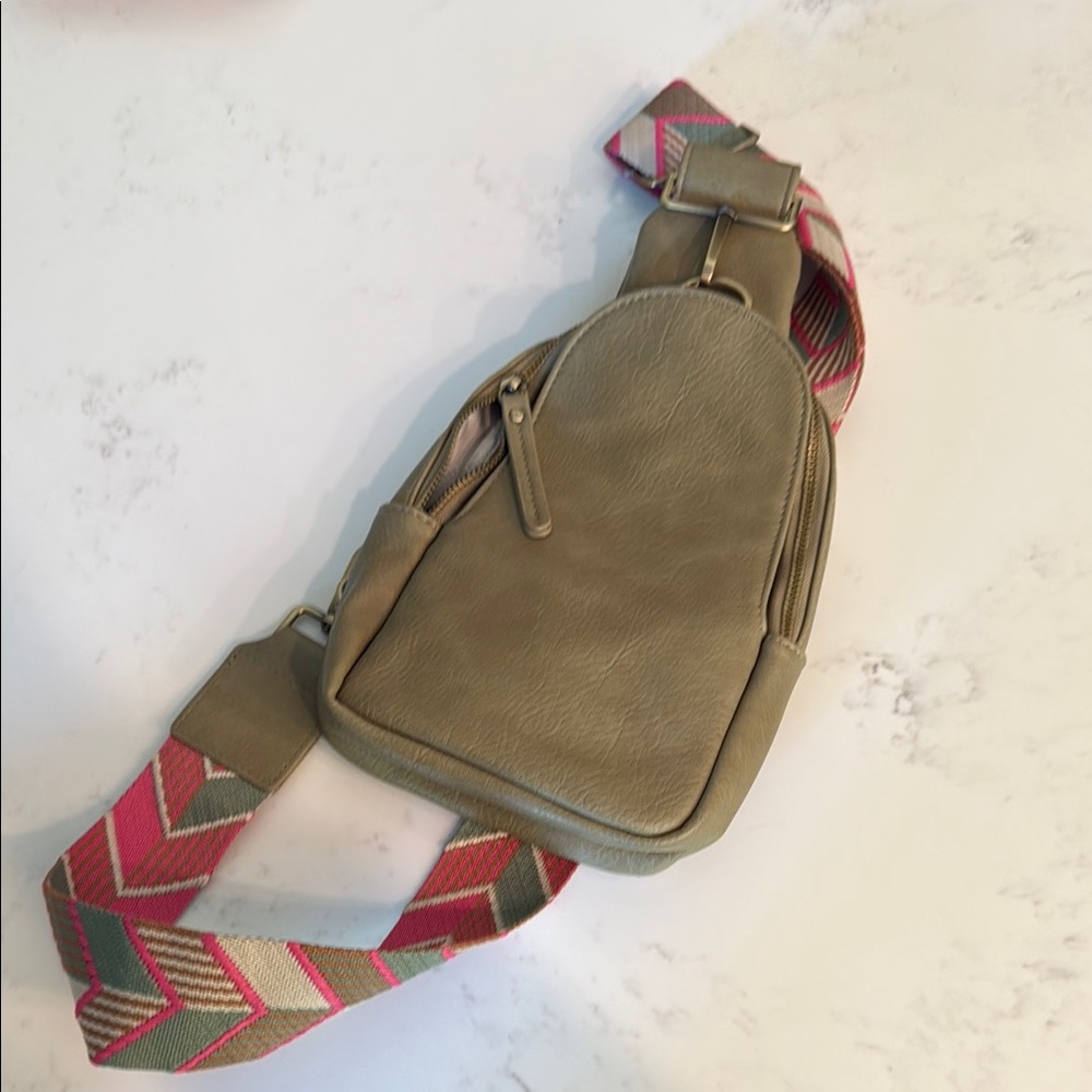 Anthropologie Khaki Crossbody Bag with Colorful Strap
